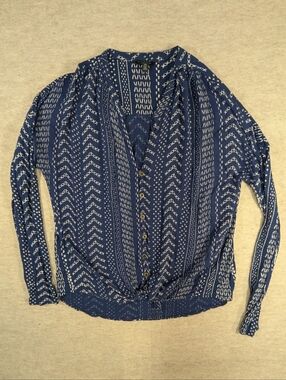 Lucky Brand Navy & White Patterned Button-Down Top